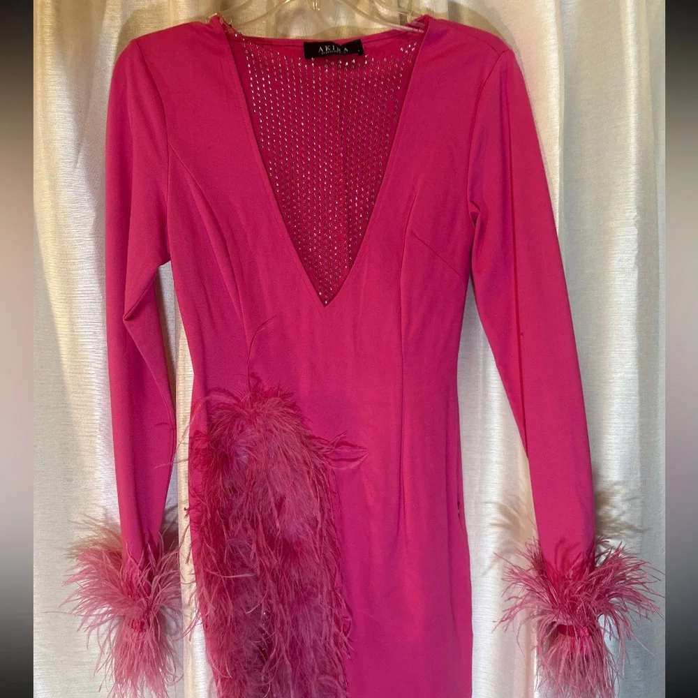 AKIRA Hot Pink Feather Rhinestone Mini Dress S Slit Party Cocktail - Picture 3 of 13